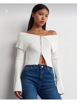 Dilvin Bardot Yaka Fermuarlı Triko Hırka