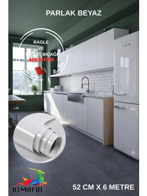 Rimafol Mutfak Dolap Tezgah ve Mobilya Kaplama Folyosu Parlak Beyaz 52CMX6METRE
