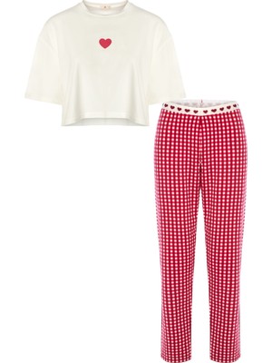 Koza İç Giyim Sevgililer Günü Temalı Kadın Pamuklu Oversize  T-shirt  Ekose Desenli Pijama Takımı