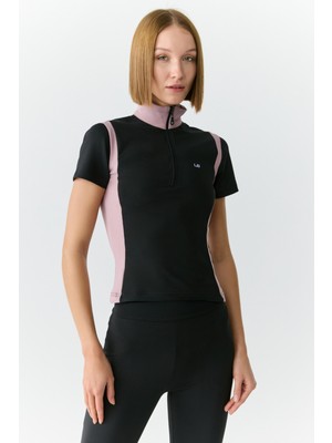 Urban Beat Vıckıe Kadın Dik Yakalı Fermuarlı Kısa Kollu Siyah/gül Kurusu T-Shirt