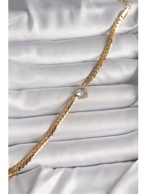 Zemira Home 316L Çelik Gold Renk Yassı Zincir Model Zirkon Taşlı Kalp Figür Kadın Bileklik