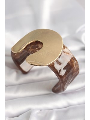 Clariss Kahverengi Mermer Desen Akrilik Plastik Gold Nal Model Plaka Vintage Kadın Bilezik