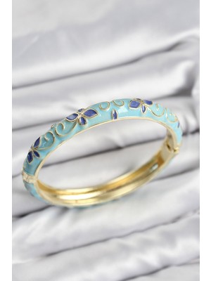 Clariss Mineli Pirinç Turkuaz Çiçek Motifli Gold Kadın Kelepçe