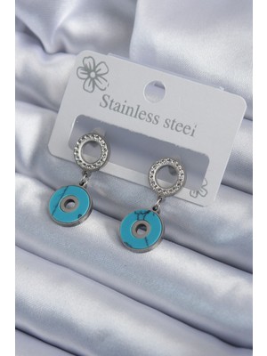 Clariss 316L Çelik Gümüş Renk Mavi Taşlı Zirkon Taşlı Kadın Küpe