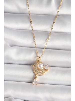 Zemira Home 316L Gold Renk Zirkon Taşlı Ay Yıldız Model Sallantı Detay Kadın Kolye
