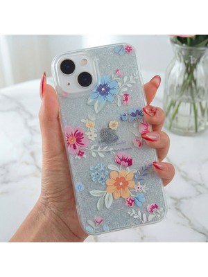 Fibaks Apple iPhone 13/14 Uyumlu Kılıf Mavi Simli Çiçek Desenli Renkli Parlak Darbe Emici Kapak