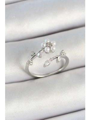 Clariss Pirinç Inci Detaylı Papatya Figürlü Zirkon Taşlı Gümüş Renk Ayarlanabilir Kadın Yüzük