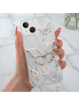Fibaks Apple iPhone 13 - 14 - 15 Uyumlu Kılıf Tüylü Hologram Kelebek Desenli Darbe Emici Kamera Korumalı Silikon