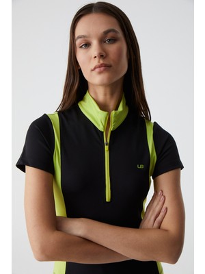 Urban Beat Vıckıe Kadın Dik Yakalı Fermuarlı Kısa Kollu Siyah/fıstık Yeşili T-Shirt