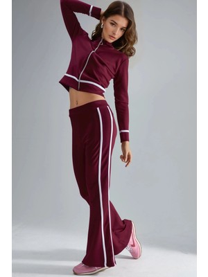 Hiccup Kadın Modal Dokulu Fermuarlı Sweatshirt ve Ispanyol Paça Pantolon Ikili Takım Berşan Collection Bordo Kırmızı