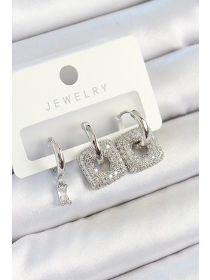 Clariss Pirinç Zirkon Taşlı Kare Model Gümüş Renk 3'lü Çift Kadın Küpe Set