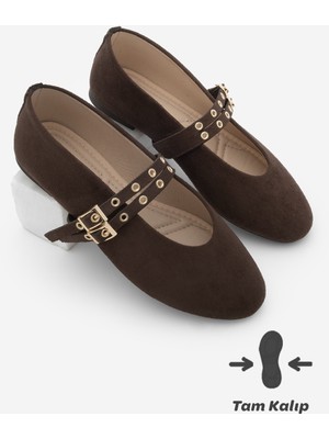 Marjin Kadın Çift Bantlı Zımbalı Günlük Babet Bekosa Kahve Süet