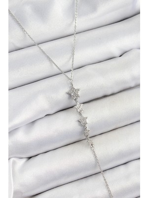 Clariss Pirinç Zirkon Taşlı Sıralı Yıldız Figürlü Y Model Gümüş Renk Kadın Kolye
