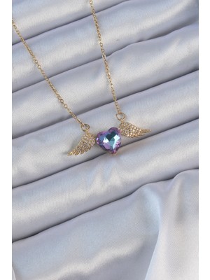 Clariss 316L Çelik Zincir Altın Renk Mavi Mor Zirkon Taşlı Kanatlı Kalp Kolye