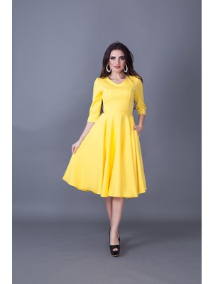 No48 Truvakar Kol V Yaka Cepli Dokuma Dökümlü Kumaş Kloş Midi Boy Elbise