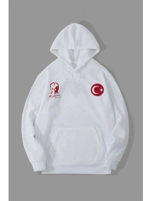 ModaSize 10 Kasıma Özel Üç Iplik Kapşonlu Baskılı Sweatshirt - Beyaz
