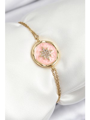 Zemira Home 316L Çelik Zincir Pembe Mineli Sanatsal Portre Kuzey Yıldızı Model Gold Renk Kadın Bileklik