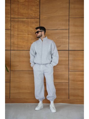 ModaSize Erkek Premium Parçalı Eşofman Takım - Dik Yaka Fermuarlı Biyeli Sweatshirt Lastik Paça Alt, Oversize 3 Iplik Şardonlu - Gri