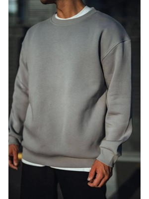 ModaSize Kışlık Bisiklet Yaka Üç Iplik Basic Sweatshirt - Boyalı Gri