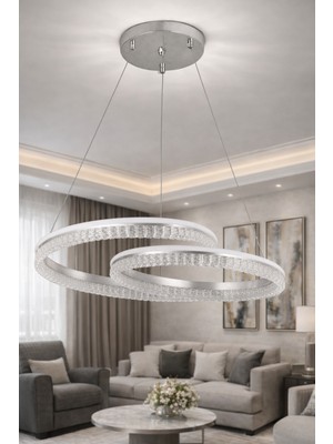 Ünal Aydınlatma Tomris Krom LED Kristal Sarkıt Avize – Modern Halka Tasarım, Salon & Oturma Odası