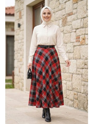 Harman Butik Kadın Kırmızı Ekose Desenli Etek