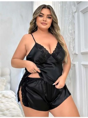 Aria's Closet Arias Closet Büyük Beden Siyah Yırtmaç Dantel Işlemeli Saten Şortlu Takım