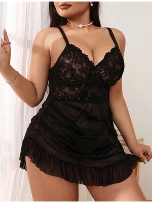 Aria's Closet Arias Closet Büyük Beden Siyah Dantel Işlemeli Fırfırlı Tül Gecelik