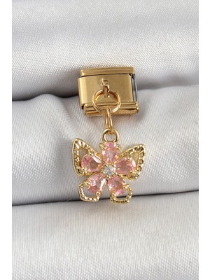 Zemira Home 316L Çelik Sallantılı Zirkon Taşlı Çiçek Figürlü Kelebek Model Gold Renk Nomination Charm
