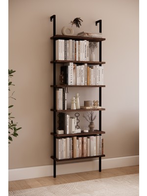 Solto Home OB7-12 Duvara Monte  6 Raflı Siyah Metal Kitaplık | Modern Dekoratif Ceviz Duvar Rafı | Reyon Rafı | Ofis – Salon - Mağaza Raf Sitemi