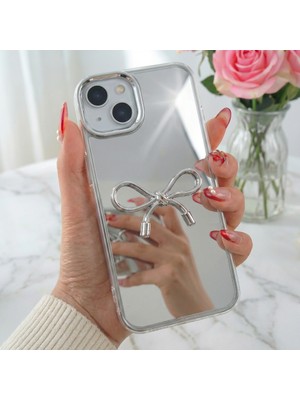 Fibaks Apple iPhone 15/14/13 Kılıf Aynalı Gümüş 3D Fiyonk Desenli Darbe Emici Silikon Kapak