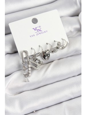 Clariss Pirinç Zirkon Taşlı Dikdörtgen Model Gümüş Renk 3'lü Çift Kadın Küpe