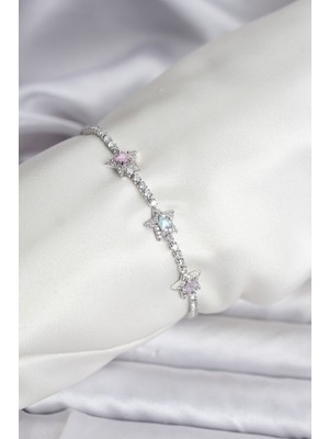 Clariss Renkli Yıldız Model Zirkon Taşlı Gümüş Renk Pirinç Su Yolu Kadın Bileklik