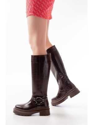 Sibel Gürel 236-3021 Kahverengi Kroko Fermuarlı Günlük Kadın Çizme