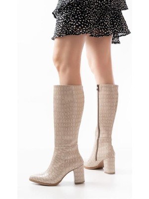 Sibel Gürel YSN-4422 Bej Kroko Topuklu Kadın Çizme