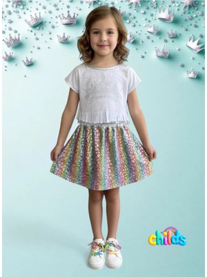 Alt Üst Kız Çocuk Takım Prenses Taş Baskılı Püsküllü Devore Kısa Üst Parlak Leopar Etek