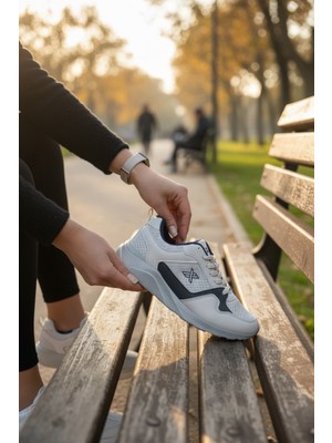 Enoch Erkek Spor ve Yürüyüş Ayakkabısı Tam Ortopedik Tabanlı Beyaz Fileli ve Lacivert Detaylı Model