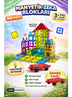 ORH MARKET Arabalı 80 Parça 7.5cm Büyük Boy Manyetik Blok Seti | Güçlü Mıknatıslı Zeka Geliştirici Eğitici Oyuncak