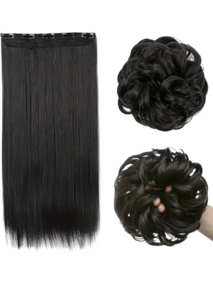 Zeysum Ikili Set - Koyu Siyah Düz Yarımay Çıtçıt Saç ve Dağınık Topuz Lastik Tokalı Set 60 cm