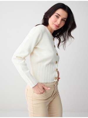 Jimmy Key Ekru Düz Kesim Yuvarlak Yaka Uzun Kollu Triko Hırka