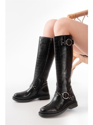 Sibel Gürel 2024-3004 Siyah Kroko Toka Aksesuarlı Lastikli Fermuarlı Günlük Kadın Çizme