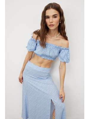 Tubia Kadın Mavi Çiçek Desenli Bluz Etek Takım