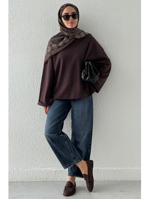 Akala %100 Pamuk Oversize Bisiklet Yaka Geniş Kollu Kadın Sweatshirt - Uzun Kollu Tişört