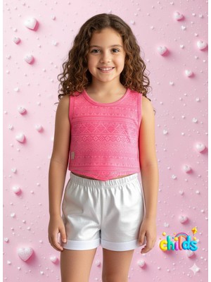 Alt Üst Yazlık Kız Çocuk Ikili Takım Devore Penye Crop Üst Parlak Kısa Penye Şort.