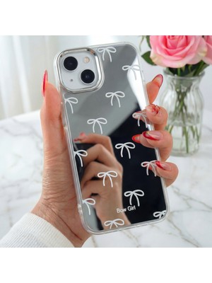Fibaks Apple iPhone 15 Uyumlu Kılıf Aynalı Bow Girl Fiyonk Desenli Darbe Emici Silikon Kapak