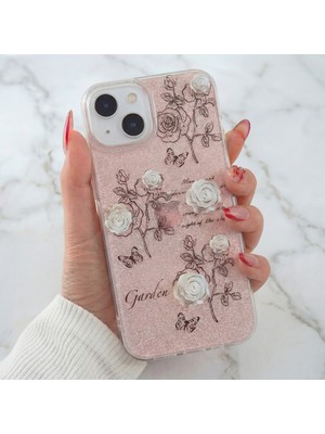 Fibaks Apple iPhone 15/14/13 Kılıf Simli Beyaz Gül Desenli Renkli Parlak Darbe Emici Kapak