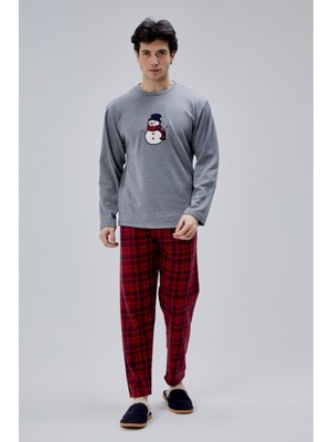 Moon Cover Mooncover Erkek  Kardan Adam Nakışlı Yılbaşı Pijama Takımı – Sevgili Kombini, Gri