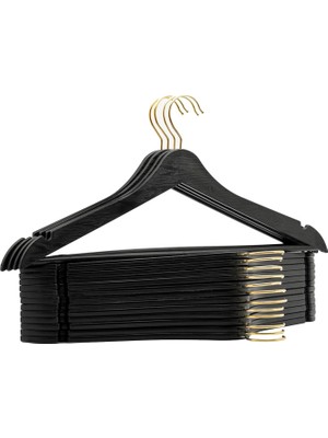 Hype Store Arch 24 Adet Siyah Ahşap Görünümlü Plastik Askı Kıyafet Elbise Gömlek Askısı Gold Kancalı