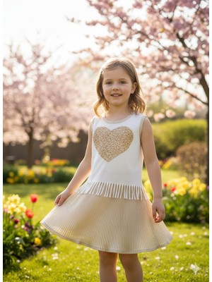 Alt Üst Yazlık Kız Çocuk Takım Püsküllü Penye Üst Piliseli Gold Parlak Etek