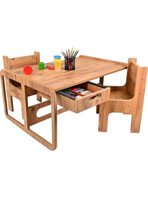 Hype Store Iki Kişilik Çekmeceli Ahşap Çocuk Oyun & Aktivite Masa ve Sandalye Takımı - 18MM Ceviz Renk Mdf