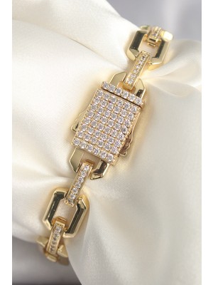Zemira Home Pirinç Gold Renk Zirkon Taş Detaylı Kare Zincir Model Xuping Vıp Exculusive Seri Kadın Bileklik